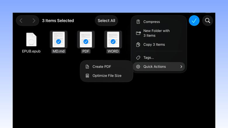 iPad Files app interface showing multiple files selected and a 'Create PDF' option in the pop-up menu.