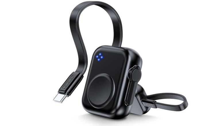 HUOTO portable Apple Watch charger with USB-C cable and battery indicator lights.