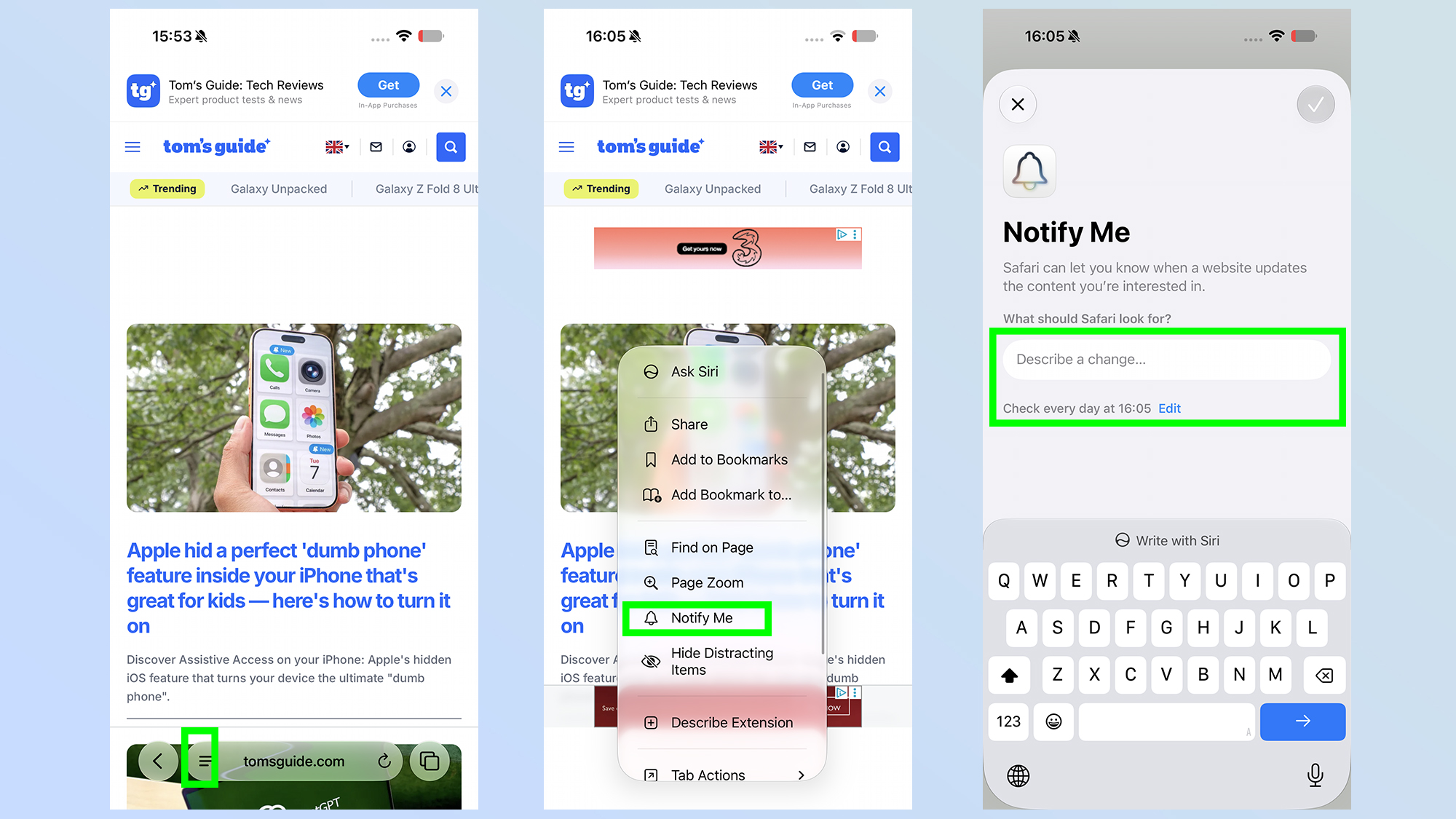 Setup screen for Notify Me alerts in the Safari browser.