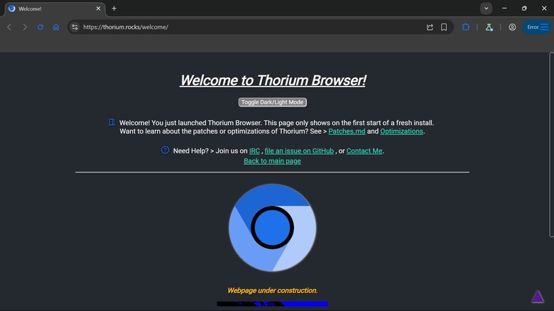 The Thorium Browser welcome page visible inside the browser window.