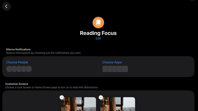 iOS Control Center showing the Reading Focus mode activated.