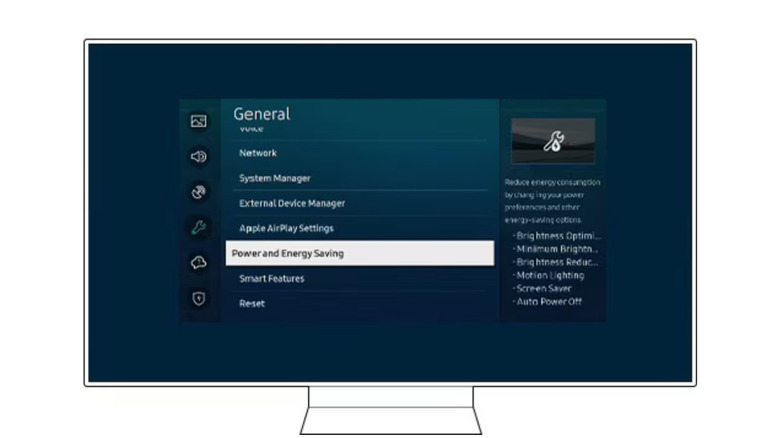 The Power and Energy Saving menu on a Samsung TV with several power-saving options listed.