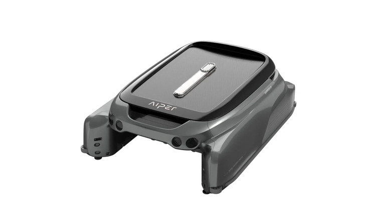 The Aiper Surfer S1 pool skimmer robot floating on a clear blue pool surface.