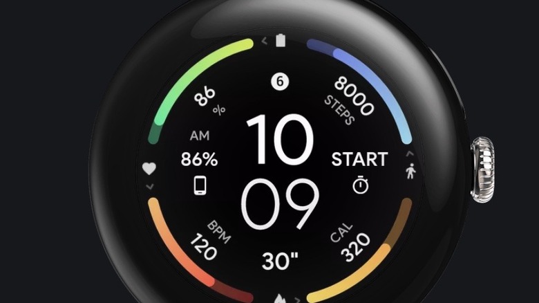 Amoled Watch Faces Infograph displaying multiple health and weather complications.
