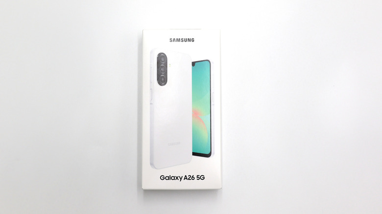 The retail packaging of a Samsung Galaxy A-series phone, representing budget-friendly security options.