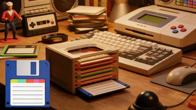Floppy disk shaped coasters arranged on a vintage-style wooden desk with nearby gadgets.