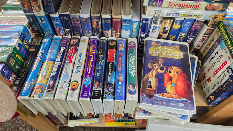 A neatly organized shelf displaying several VHS tape spines.