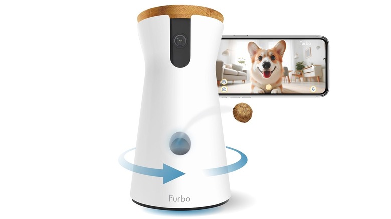 A Furbo 360 Dog Camera launching a treat while a smartphone app shows the pet's live reaction.