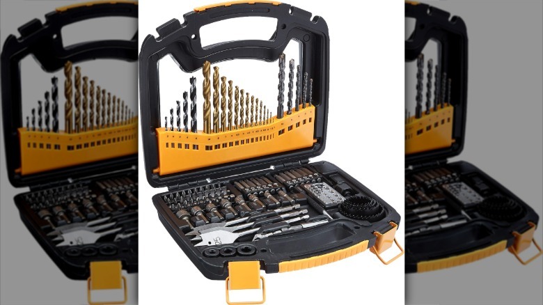 The Amazon Basics 100-piece drill and driver bit set inside its plastic storage case.