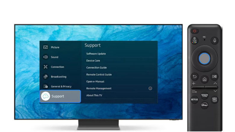 The Samsung TV software update and support screen layout.