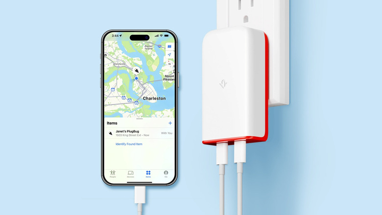 A Twelve South PlugBug wall charger with a nearby iPhone showing its location in the Find My app.