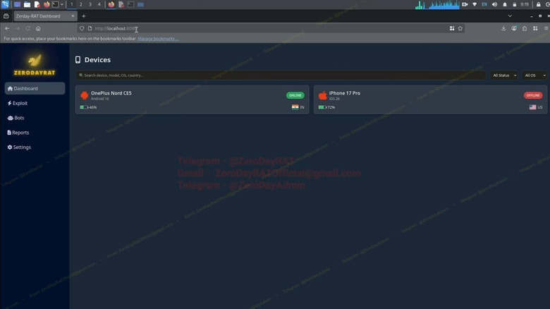 Dashboard view of ZeroDayRAT showing active connections to high-end smartphones including iPhone 17 Pro and OnePlus devices.