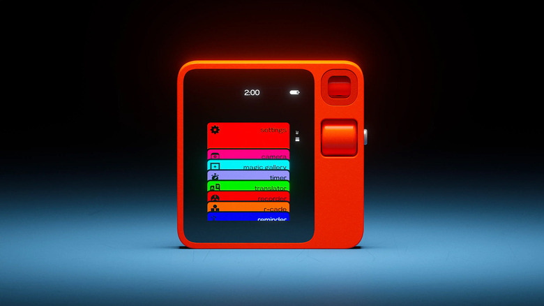 A promotional studio image of the bright orange Rabbit R1 device.