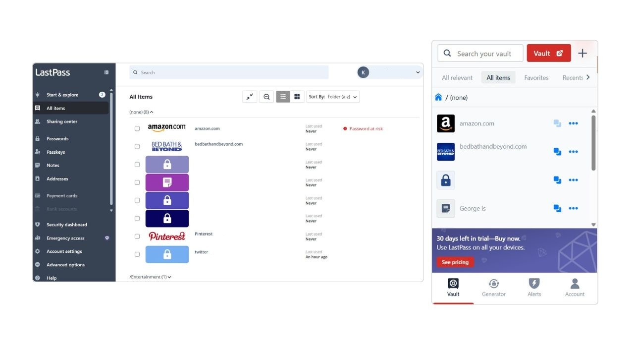 Screen capture of the LastPass web vault and the Chrome browser extension active.