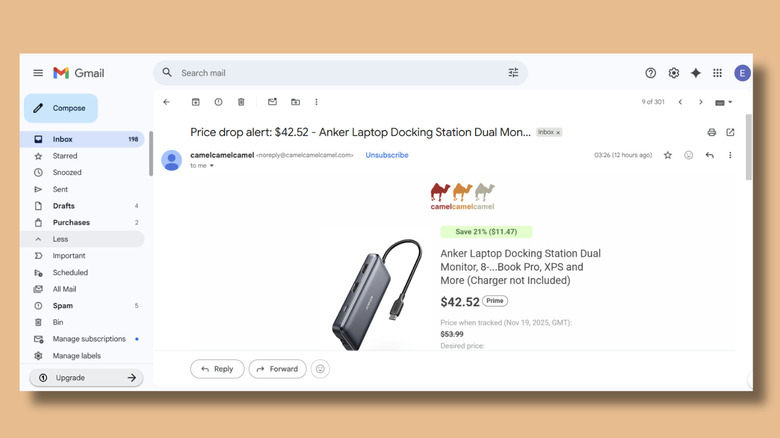 A mobile screenshot showing a price drop notification email from camelcamelcamel for a tracked Amazon product.