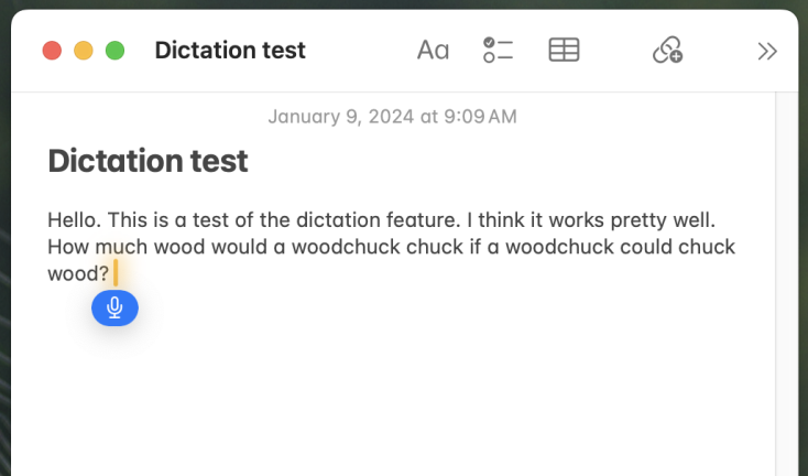 A macOS desktop showing the dictation feedback bubble and language selection.