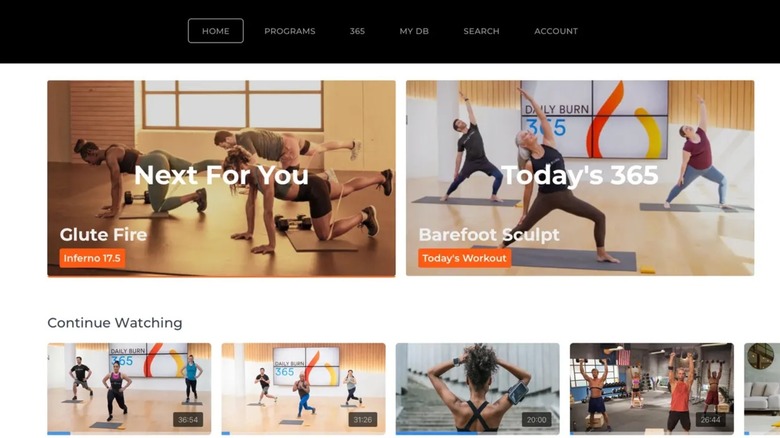 The Daily Burn app interface on Apple TV featuring various workout video categories.