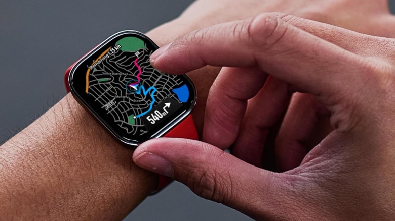 The Amazfit Bip 6 interface displaying a detailed GPS route map on the screen.