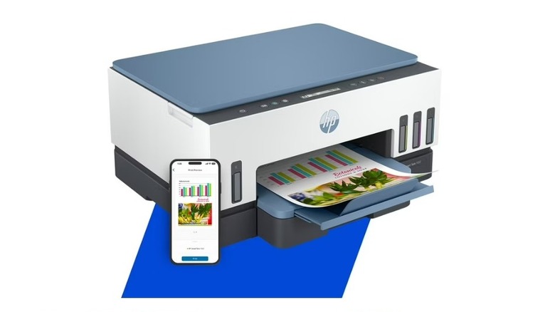 HP Smart Tank 7002 printer with high-capacity ink tanks next to a smartphone.