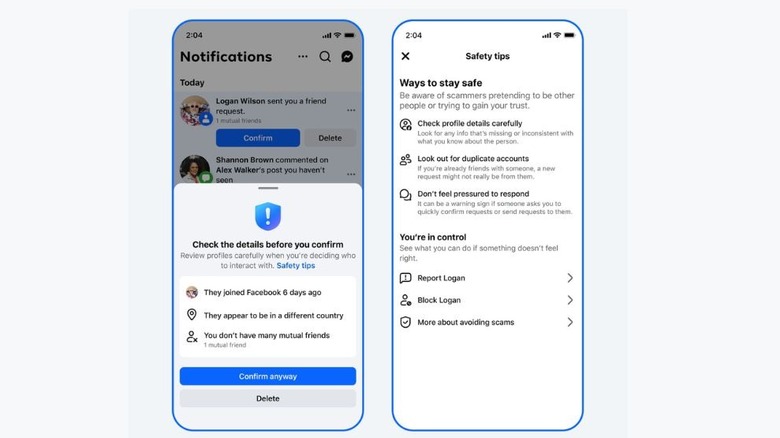 Facebook mobile notification warning a user about a suspicious friend request based on behavioral analysis.