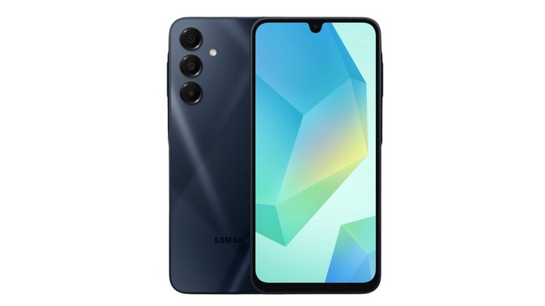 The dark blue rear panel of a Galaxy A16 smartphone.