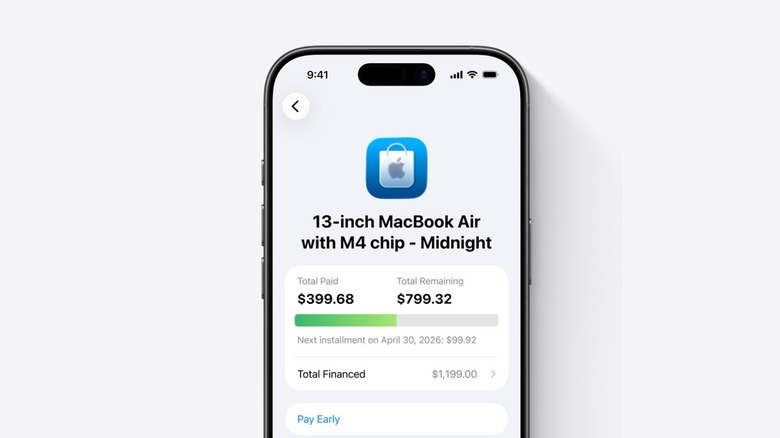 Screenshot of the Apple Wallet interface showing the monthly installment tracking and 0% APR details.