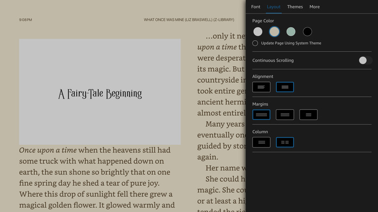 Kindle app interface on iPad showing typography and layout customization menus.